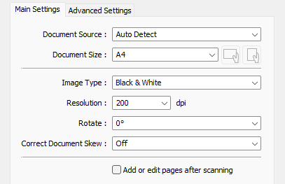Epson Scan 2 main options panel